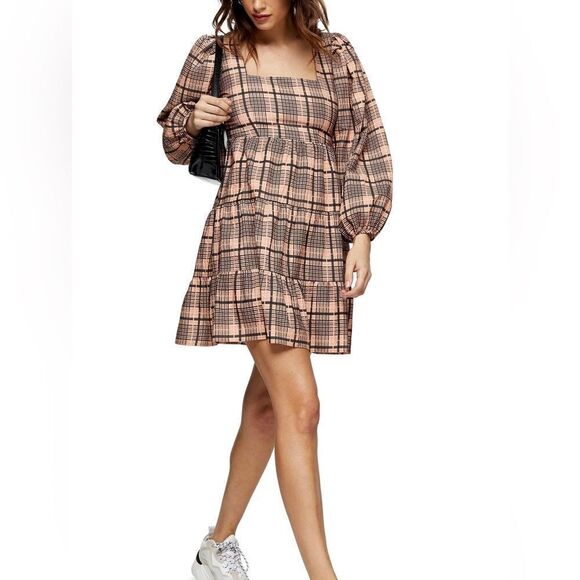 Topshop Dresses & Skirts - TopShop Blush Plaid babydoll cotton blend dress- Size 2